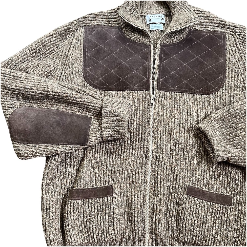 Brenire Wool Sweater Mens M‎  VTG Suede Elbow Patches Cardigan Y2K Grandpa Zip